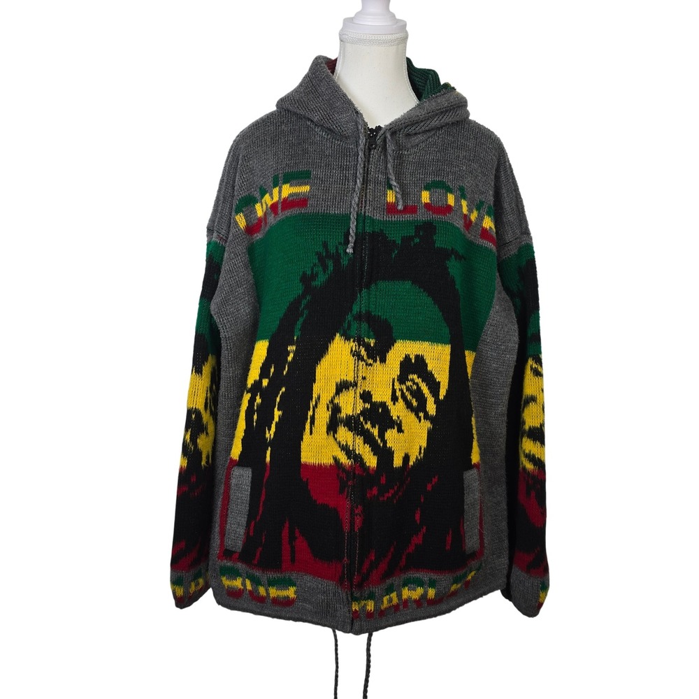 Tejidos Ruminahui Bob Marley One Love Wool Blend‎ Zip Up Hoodie Sweater Mens XL